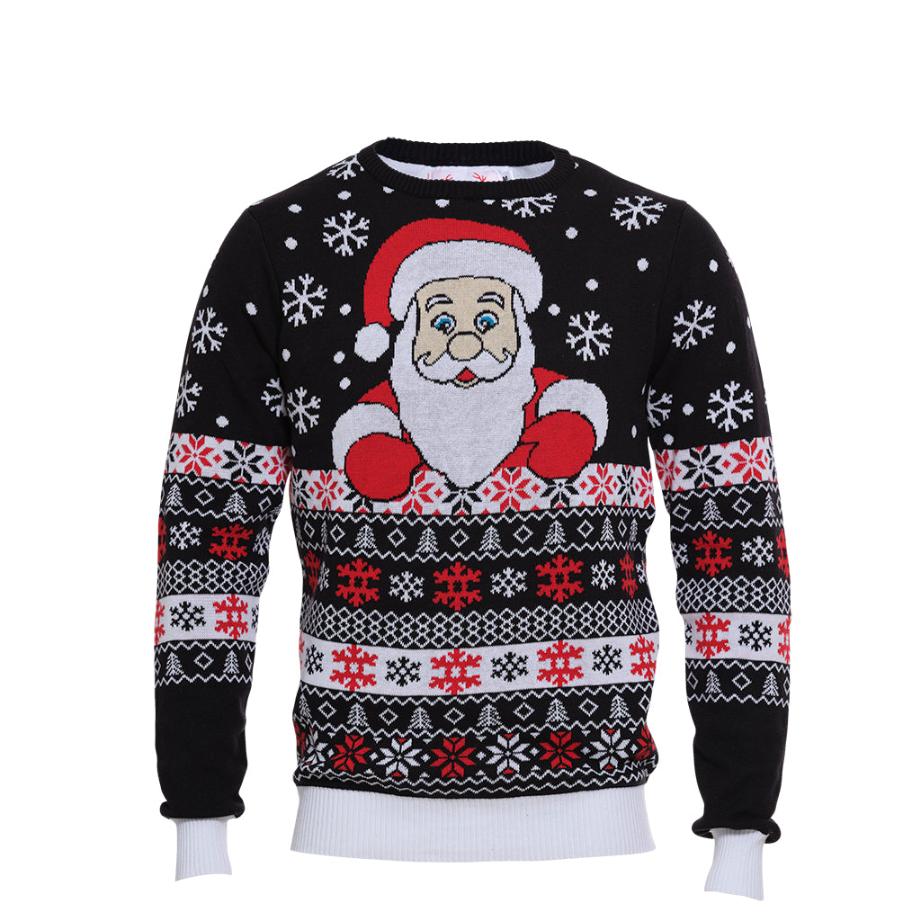 En mörkblå jultröja med jultomten och snöflingor på.